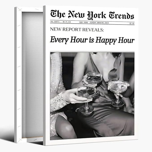 Retro New York Trends Wall Art Black and White Newspaper Poster Every Hour Is Happy Hour Canvas Prints Funky Feminist Posters Trendy Alcohol Wall Decor for Bar Cart Hot Girl Dorm Room Decorative 24x36inch Framed