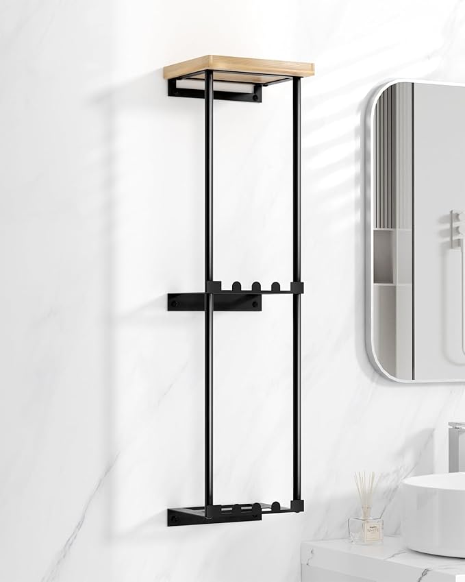 HapiRm Towel Racks for Bathroom Storage - No Drill Wall Mounted Towel Holder with Shelf and 6 Hooks, Rolled Towel Storage Bath Towel Organizer for Small Bathroom, Camper, Rv - Black