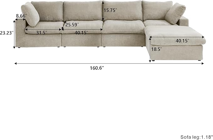 Cloud Couch Modular Sectional Sofa,160.6" Down Filled Couch with Storage Ottoman,4 Seater +1 Ottoman, Convertible Sectional Sofa for Living Room,Covers Removable & Washable, Khaki