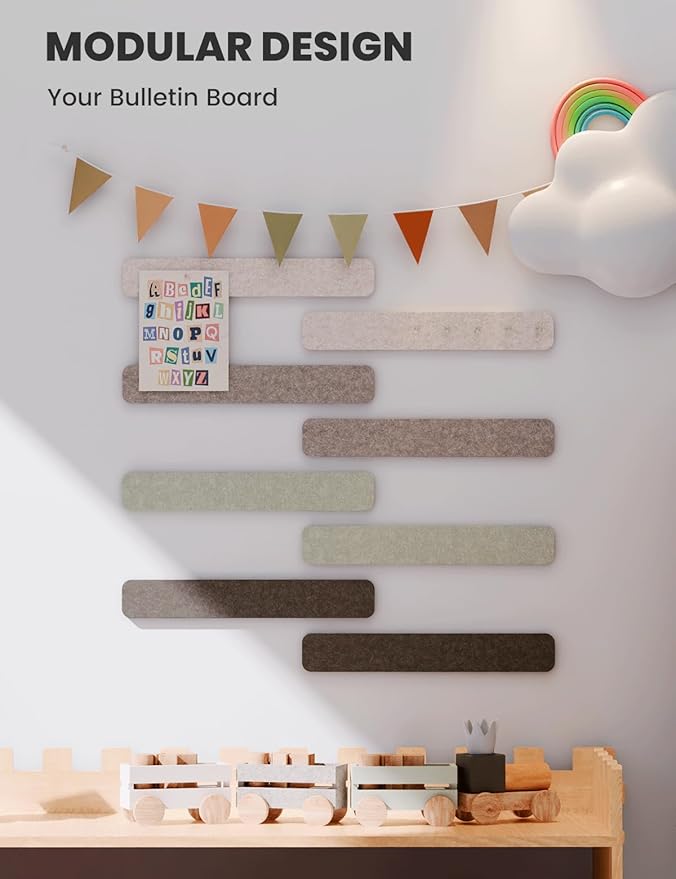 Cork Board Alternative Felt Strip Board 8-Pack 13"x2", Office Pin Board with 50 Push Pins, Adhesive Install for Bedroom Door & Home Office(Linen Dusk)