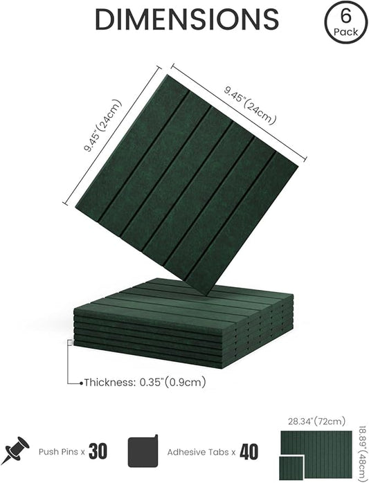 Felt Bulletin Board Tiles -28"x18" with 40 Adhesive Tabs, Cork Board Alternative for Office Decor, Push Pin Board Wall Organizer 6-Pack (Pine Green)