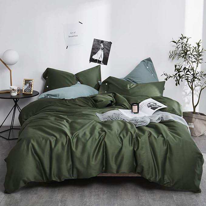 VM VOUGEMARKET Sateen Cotton Duvet Cover Queen,3pcs Dark Army Green Bedding Set for Hot Sleeper,Soft Siky Breathable Duvet Cover with Zipper Closure (Olive Green,Queen)