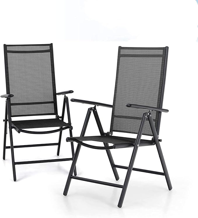 MFSTUDIO Patio Folding Chairs Set of 2, Outdoor Patio Dining Chairs, Portable Black Sling Patio Chairs, 7 Levels Adjustable Sling Back Chairs for Backyard Lawn Garden