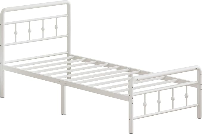 14 Inch White Twin XL Bed Frames with Headboard and Footboard, Metal Bed Frame Twin XL Victorian Style, Heavy Duty Mattress Foundation, No Box Spring Needed, Easy Assembly