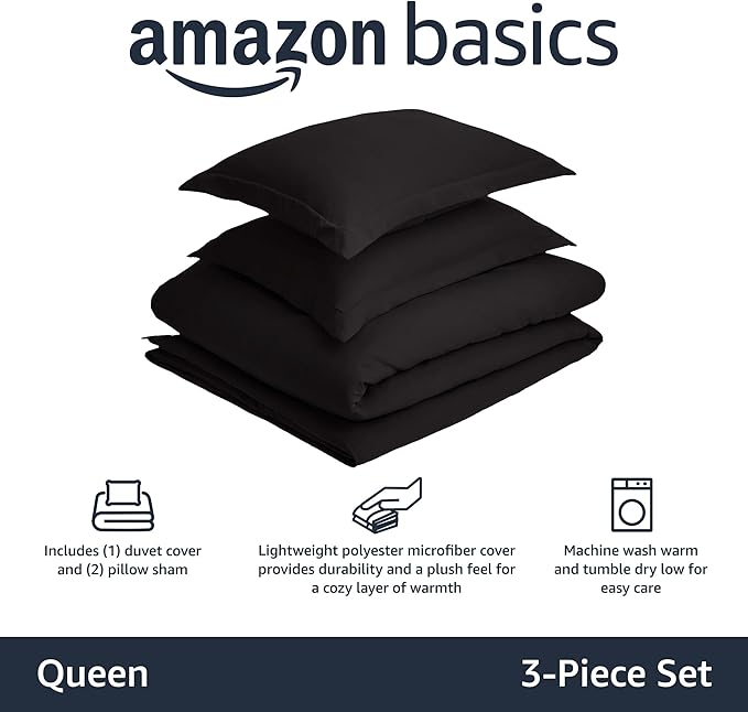 Amazon Basics Lightweight Microfiber 3-Piece Duvet Cover Set with Zipper Closure, Full/Queen, Black, Solid