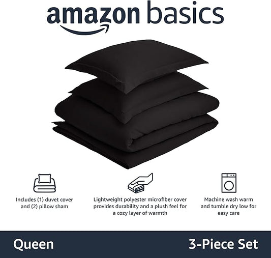 Amazon Basics Lightweight Microfiber 3-Piece Duvet Cover Set with Zipper Closure, Full/Queen, Black, Solid
