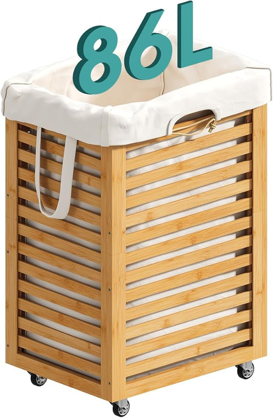 Laundry Hamper, 22.7 Gallon (86L) Bamboo Wood Clothes Laundry Basket with Wheels and Handles, Removable Liner