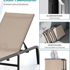 Aluminum Chaise Lounge Ourdoor - Foldable & Assemble Free Outdoor Lounge Chair with 5 Adjustable Backrest, Patio Lounge Chair for Outside Poolside Beach Pool, Khaki