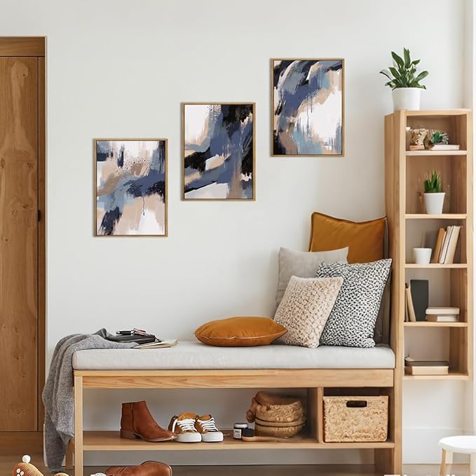 BINCUE Blue Neutral Wall Art Modern Abstract Artwork for Living Room Bedroom Office 12" Lx16 W Set of 3