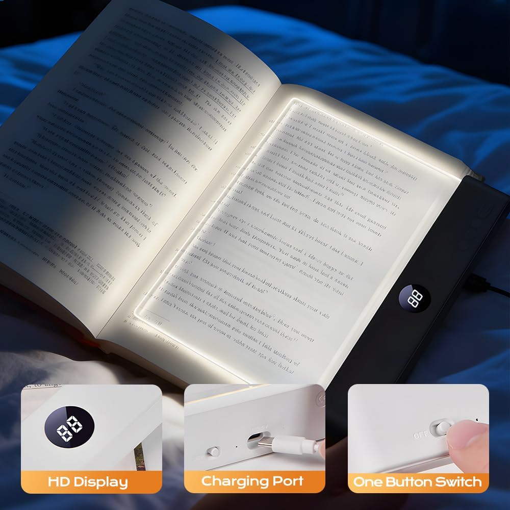 PolishWiz Rechargeable Book Light with Clear LED Flat Panel, 3 Color Modes & Timer, Dimmable Full Page Reading Light for Reading in Bed at Night, Book Lights for Readers Kids Adults (Black)