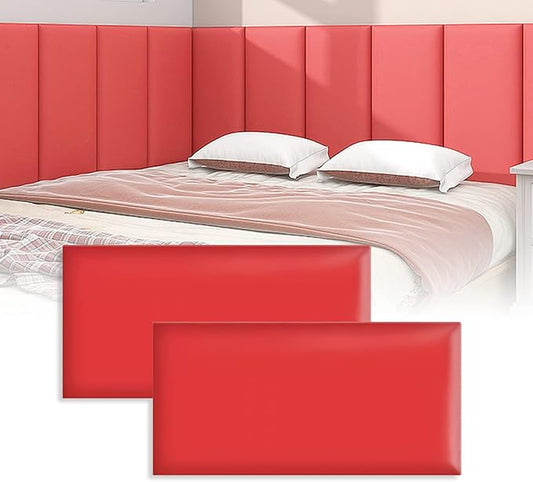 3D Anti-Collision Wall Padding, Peel & Stick Upholstered Panels, Queen Headboard, Playroom Decorative Protection, Pack of 2 Panels - 23.6' X 11.8' (Red)