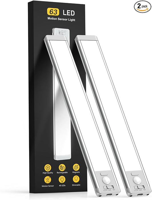 Under Cabinet Lighting, 14.7" Rechargeable Motion Sensor Light Indoor, 2 Pack Magnetic Dimmable Closet Lights, Wireless Under Counter Lights for Kitchen, Stairs,Hallway