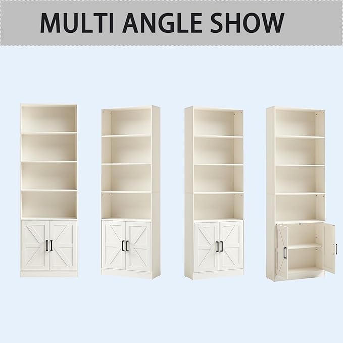 70in Tall Bookshelf 6 Tier Bookcase with Barn Doors and Adjustable Shelf, White Farmhouse Book Shelves with Storage Cabinet