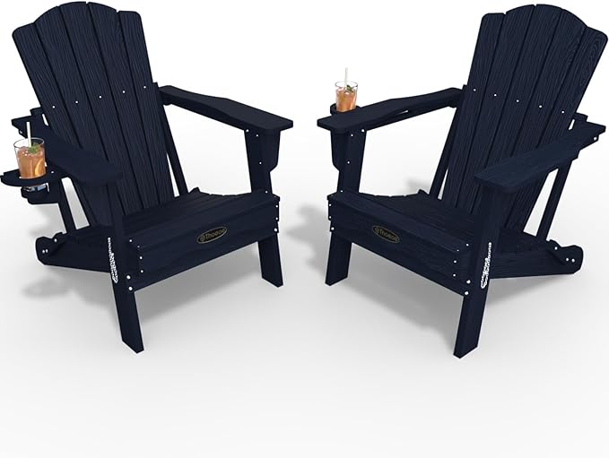 Adirondack Chair Set of 2, Folding All-Weather Outdoor HDPE Patio Chair with Cup Holder, Navy Blue