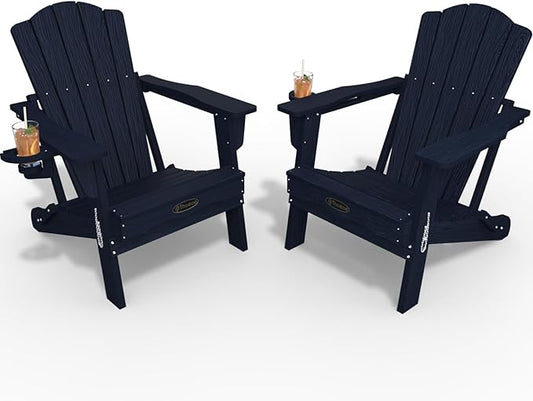 Adirondack Chair Set of 2, Folding All-Weather Outdoor HDPE Patio Chair with Cup Holder, Navy Blue