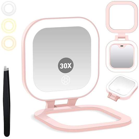 Travel Mirror with Light, 1x/30x Magnifying Mirror with 3 Color Lights and Adjustable Brightness, 4.5x3.9 inch Small Compact Hangable Hand Pocket 3 Way Mirrors, Comes with Tweezer