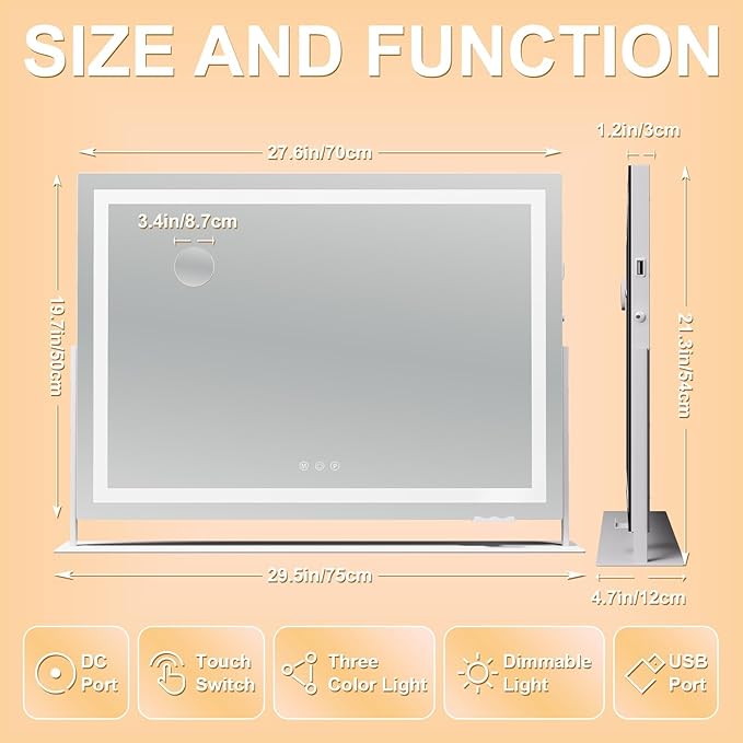 Hasipu Vanity Mirror with Lights, 28" x 20" LED Makeup Mirror, Light up Mirror with 10X Magnification and Phone Holder, USB Charging Port, Smart Touch 3 Colors Dimmable, 360° Rotation (White)