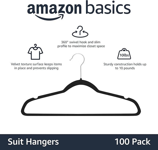 Amazon Basics Slim Velvet, Non-Slip Suit Clothes Hangers, Pack of 100, Black