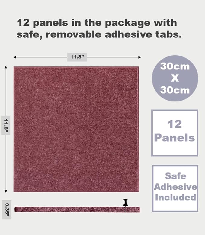 Felt Wall Tiles | Large Cork Board Alternative | Aesthetic Felt Bulletin Board for Office, Home & Classroom | Large Cork Boards for Walls Pinboard (12-Pack) | Red Wine