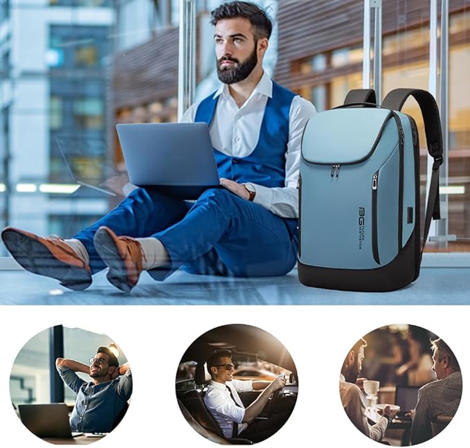 BANGE Business Smart Backpack Waterproof fit 15.6 Inch Laptop Backpack with USB Charging Port,Travel Durable Backpack (Light Blue(three Pocket), Medium)