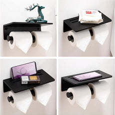 Toilet Paper Holder - Aluminium Double Roll Toilet Tissue Holder with Mobile Phone Shelf for Bathroom, 3M Self Adhesive No Drilling or Wall-Mounted with Screws, Rustproof Modern Style Black