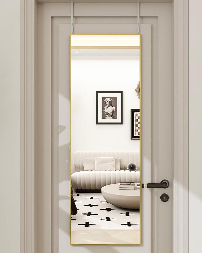 BEAUTYPEAK 16" x 50" Adjustable Height Over The Door Mirror, Full Length Hanging Door Mirror with Shatterproof Tempered Glass Aluminum Alloy Frame for Bedroom, Living Room, Bathroom, Dorm, Gold