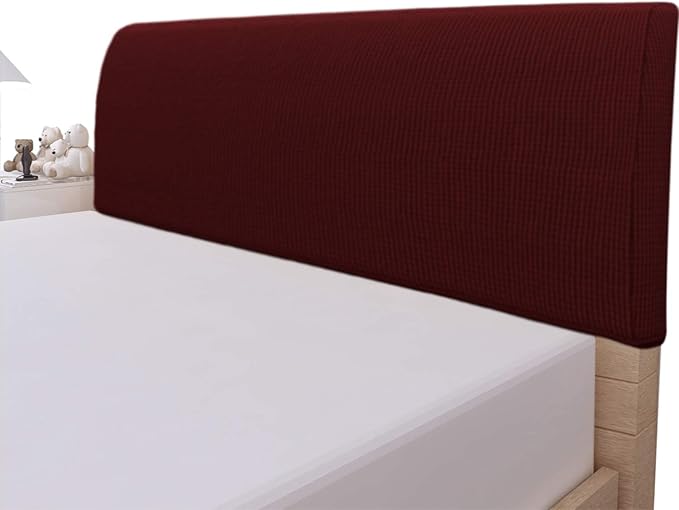Easy-Going Stretch Bed Headboard Cover,Small Square Jacquard Headboard Slipcover, Dustproof Bed Head Cover for Bedroom (Queen,Wine)