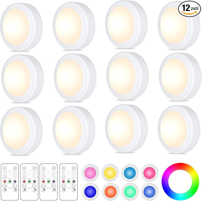Yiliaw 12 Pack LED Puck Lights Remote Control 16 Color Changeable Under Cabinet Lights, Battery Operated Lights Night Light with Dimmer & Timmer for Closet Bedroom Kitchen, White