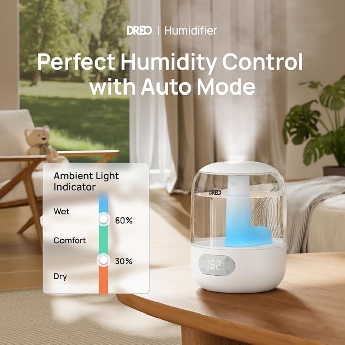 Dreo Humidifiers for Bedroom, 3L Top Fill 30H & 26dB Quiet Runtime for Large Room, Cool Mist Ultrasonic Humidifier with Humidity Sensor, Night Light for Home, Baby, Nursery, Plants, New Edition