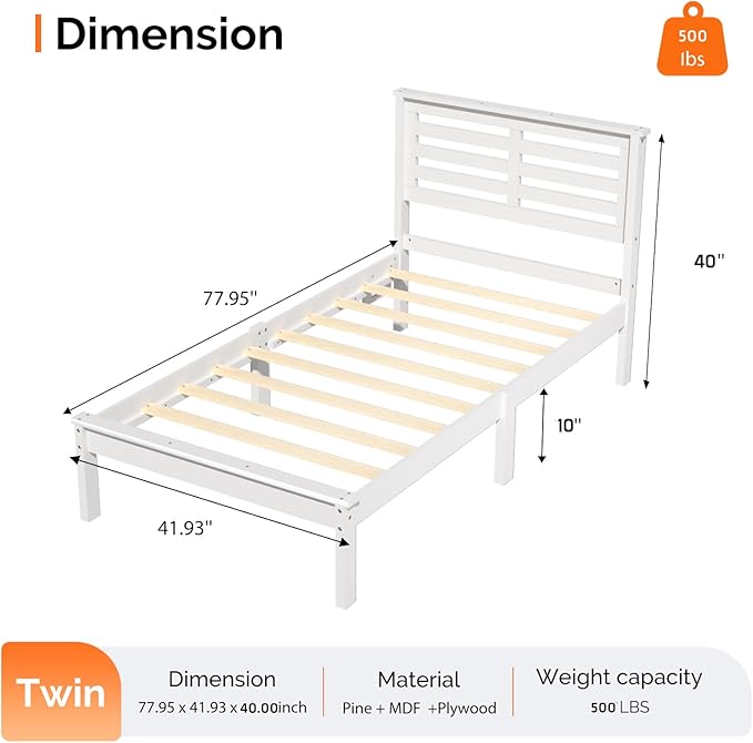 VINGLI Solid Wood Twin Bed Frame with LED Lights & USB Charging Station Single Platform Panel Bed with 40 Inches Tall Headboard for Kids,No Box Spring Needed,White