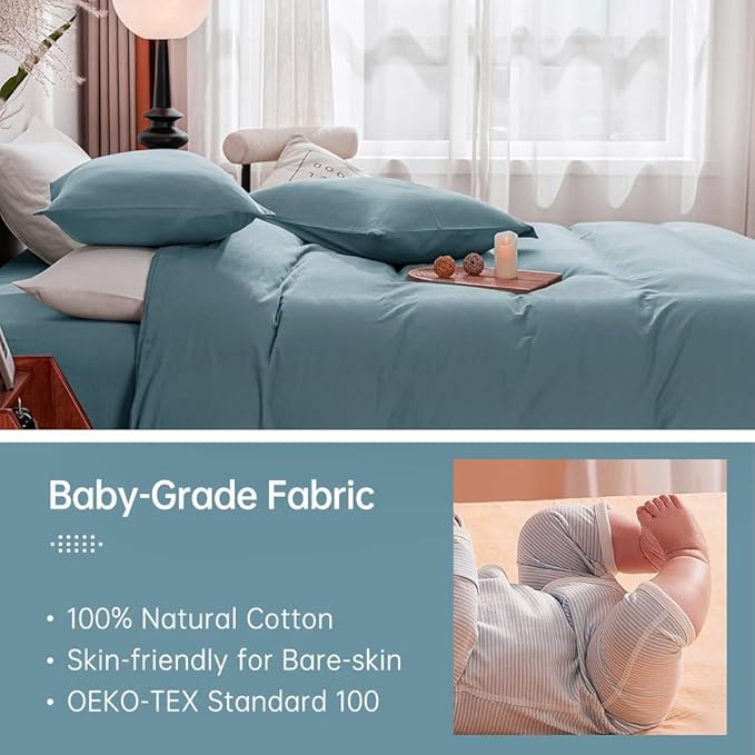 JELLYMONI Cotton Grayish Blue Duvet Cover Twin Size - Washed Cotton Linen Like Textured Comforter Cover, 2 Pieces Breathable Soft Bedding Set with Zipper Closure (Grayish Blue, Twin 68"x90")