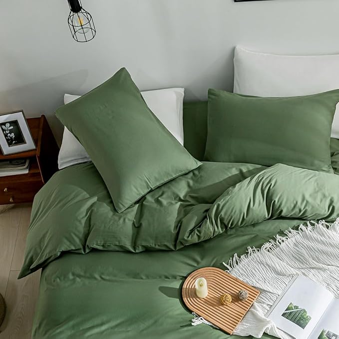 JELLYMONI Green Duvet Cover King Size - 100% Washed Cotton Linen Like Textured Comforter Cover, 3 Pieces Breathable Soft Bedding Set with Zipper Closure (Green, King 104"x90")