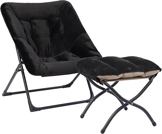 Comfy Saucer Chair for Adults, Soft Faux Fur Bedroom Chair with Ottoman, Accent Dorm Chairs, Living Room Reading Chairs and Footstool, Folding Lounge Seat for Teens, X-Large, Black