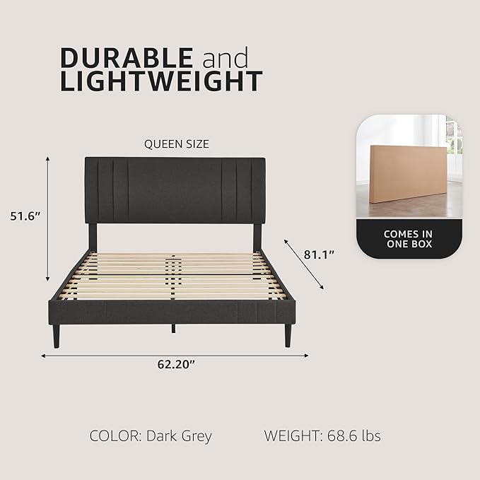 Decoro Chicago Modern Tufted Upholstered Platform Queen Size Bed, Dark Grey