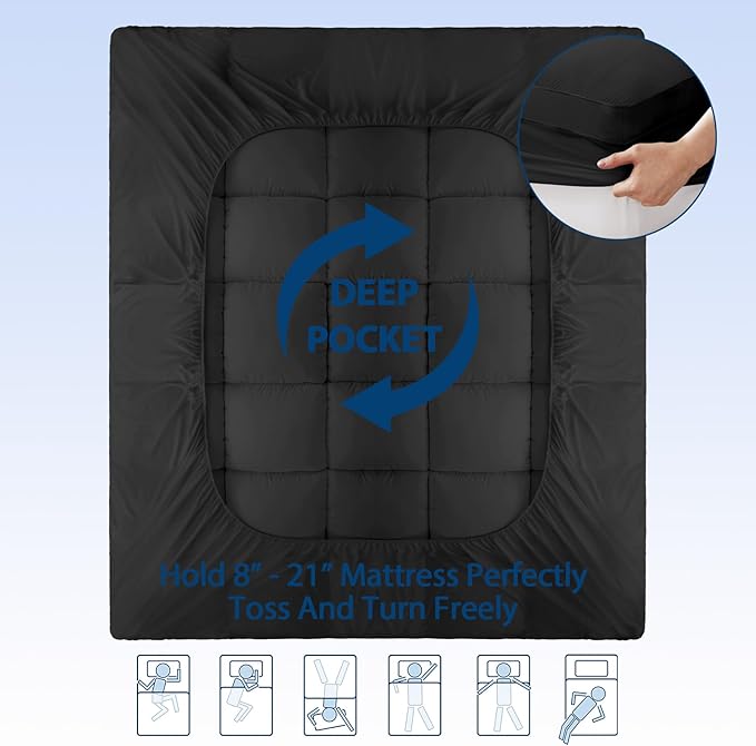 ELEMUSE King Black Cooling Bamboo Viscose Mattress Topper for Back Pain, Extra Thick Mattress Pad Cover, Plush Soft Pillowtop with Elastic Deep Pocket, Overfilled Down Alternative Filling