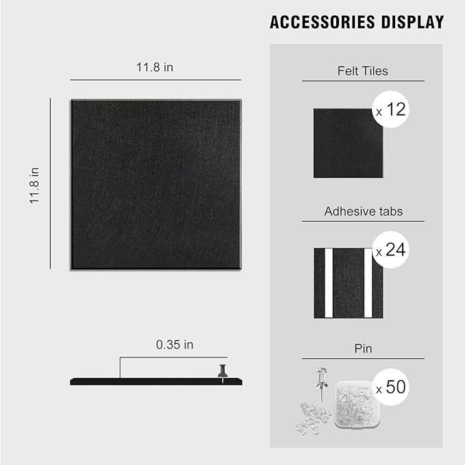 TSJOFFICE Large Cork Board for Wall - Bulletin Board 48" x 36" with 50 Pushpins for Office Decor, Pin Board 12 Pack Felt Wall Tiles with Safe Removable Adhesive Tabs, Corkboard for Home Office - Black