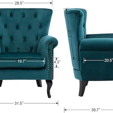 Mid Century Accent Chair Modern Button Tufted Armchair Wingback Club Chair Velvet Single Sofa Lounge Chair with Pillow for Living Room Bedroom, Teal Blue