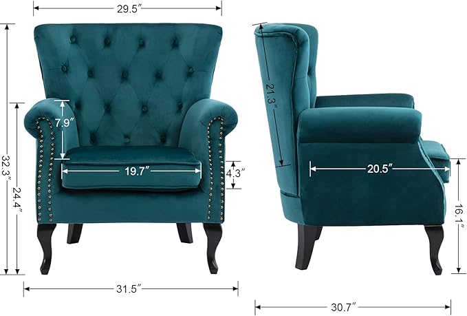 Mid-Century Modern Accent ChairSet of 2 Velvet Armchair w/Tufted Back/Wood Legs, Upholstered Side Lounge Arm Chair Single Sofa for Living Room Bedroom, Teal