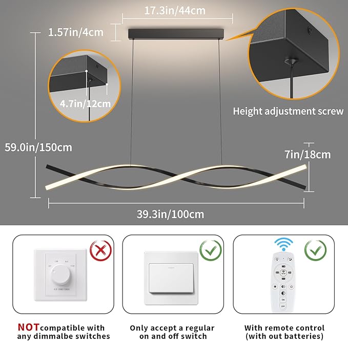 Modern LED Pendant Lights, 39in Chandelier Dimmable with Remote Control 3000k-6000K Adjustable Color Temperature, Aluminum Island Lighting Lamp Fixture for Kitchen, Dining Room, Billiard Room