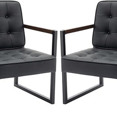 COLAMY Mid Century Modern Accent Chair Set of 2, Comfy Living Room Chair, Black Leather Accent Chair, Faux Leather Reception Armchair with Metal Legs for Living Room Bedroom Reception Office, Black