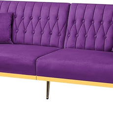 70” Velvet Futon Sofa Bed with 2 Pillows and Adjustable Armrests, Convertible Sleeper Bed W/Adjustable Backrests, Modern Loveseat for Living Room, Bedroom, Purpel