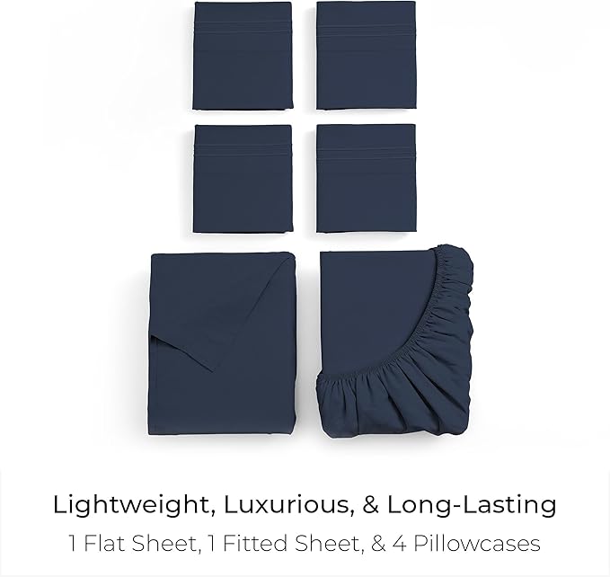 Mellanni Full Sheet Set - 6-Piece Iconic Collection Bedding, (Including 4 Pillowcases), 21-Inch Extra Deep Pocket, Easy Care, Ultra Soft, Cooling Sheets, Brushed Microfiber - Navy Blue