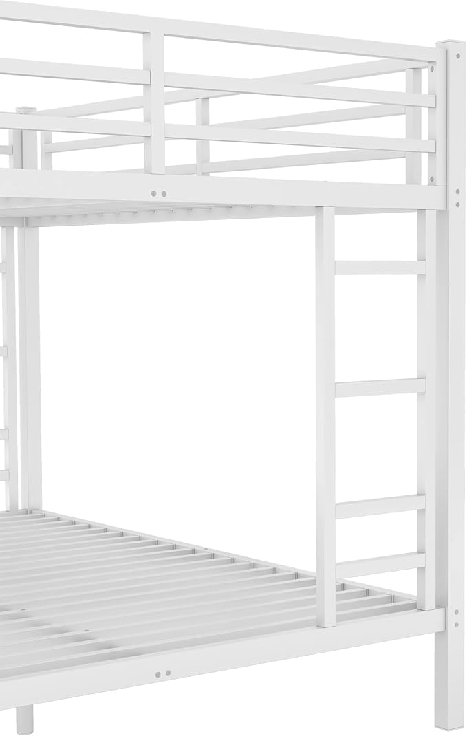 Queen Over Queen Metal Bunk Bed, Heavy Duty Bunk Bed with 2 Ladders, Space Saving Bed for Teens and Adults. Bunk Beds with Full Length Guardrail, White