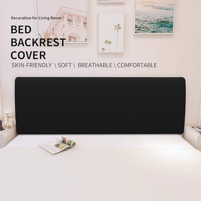 Easy-Going Stretch Bed Headboard Cover,Small Square Jacquard Headboard Slipcover, Dustproof Bed Head Cover for Bedroom (Queen,Black)