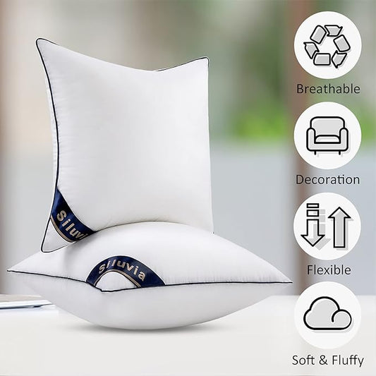 Siluvia 16"x16" Pillow Inserts Set of 2 Square Throw 16 Pillows with 100% Cotton Cover for Sofa, Couch, and Bed - White