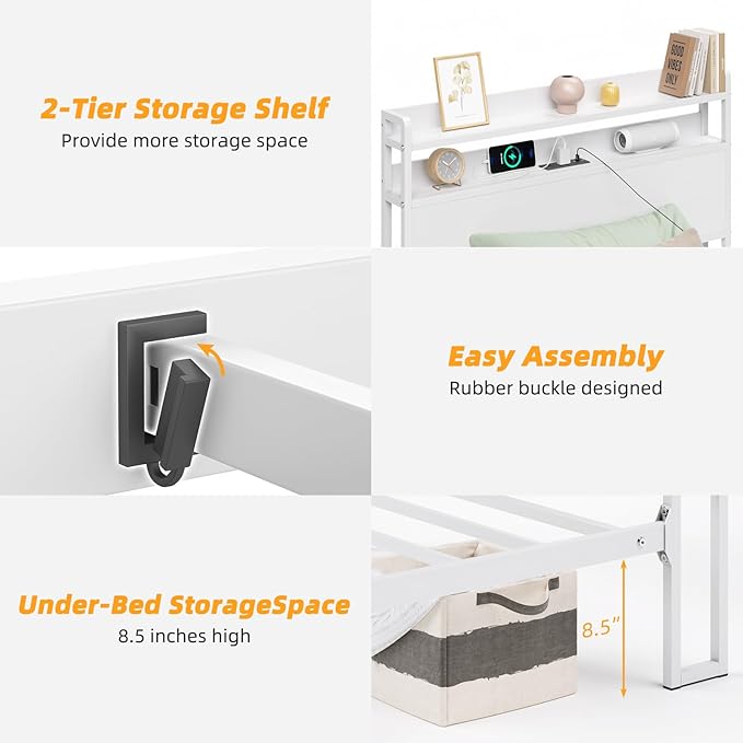 Elephance Twin Bed Frames with Charging Station and Storage Headboard, No Box Spring Needed, Noise Free, Easy Assembly