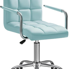 Furmax Mid-Back Office Task Chair Ribbed PU Leather Executive Chair Modern Adjustable Home Desk Retro Comfortable Work Chair 360 Degree Swivel with Arms (Light Blue)