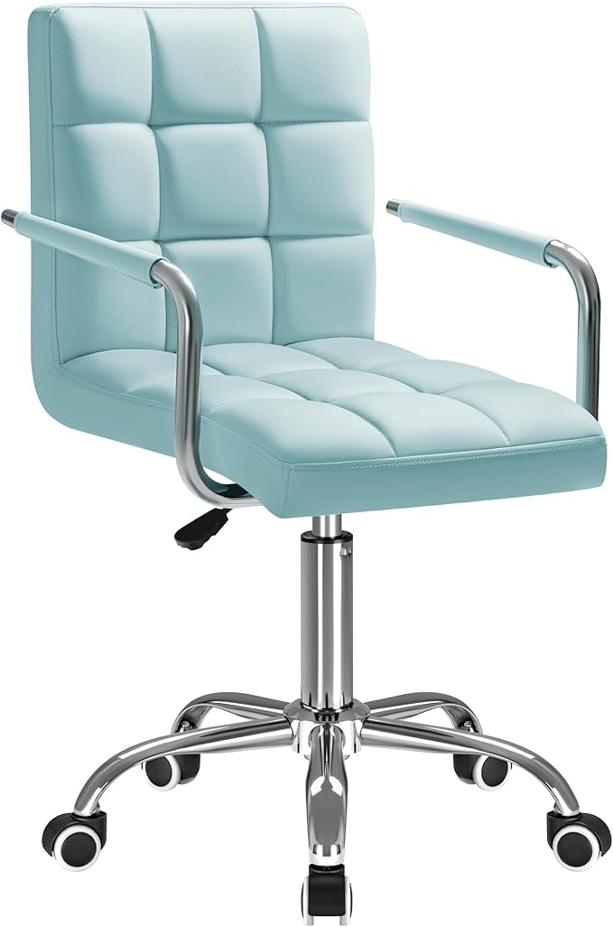 Furmax Mid-Back Office Task Chair Ribbed PU Leather Executive Chair Modern Adjustable Home Desk Retro Comfortable Work Chair 360 Degree Swivel with Arms (Light Blue)
