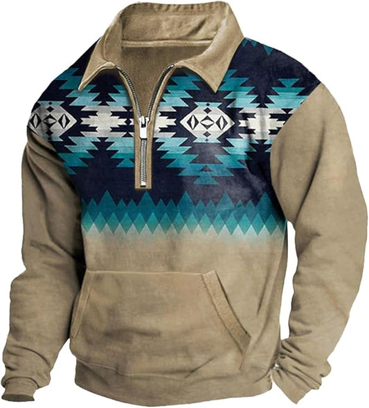 Western Sweatshirts for Men Aztec Cowboy Vintage Graphic Fleece Hoodie Mens Quarter Zip Pullover Country Jacket
