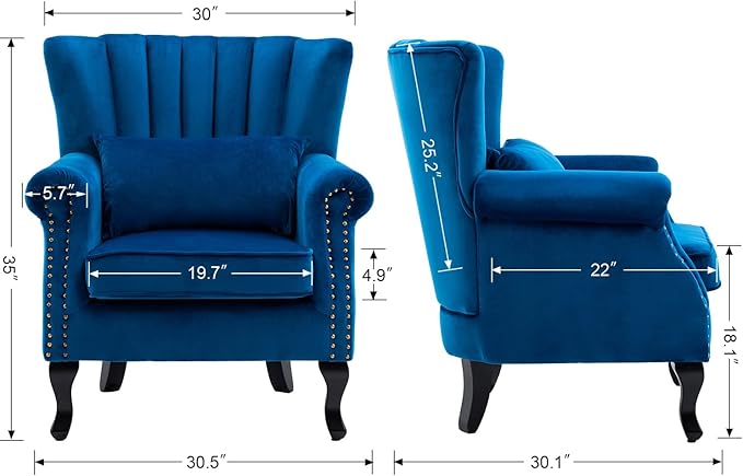Accent Chairs Set of 2 with Arm Comfy Living Room Chair Mid-Century Modern Wingback Side Chair Velvet Single Sofa Couch for Bedroom Guest Room, Blue